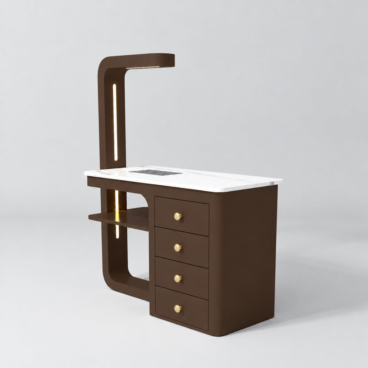 Three-quarter view of the Manufakturo ManiMuse Cocoa Mocha manicure desk with a white stone top, dust collector and four drawers.