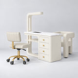 Manufakturo ManiMuse Creamy Manicure Set with Essence & Client Chair, showing the complete coordinated three-piece furniture set on a grey studio background.