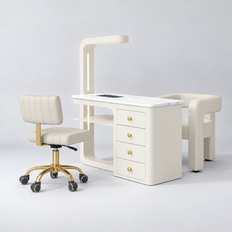Manufakturo ManiMuse Creamy Manicure Set with Essence & Client Chair, showing the complete coordinated three-piece furniture set on a grey studio background.