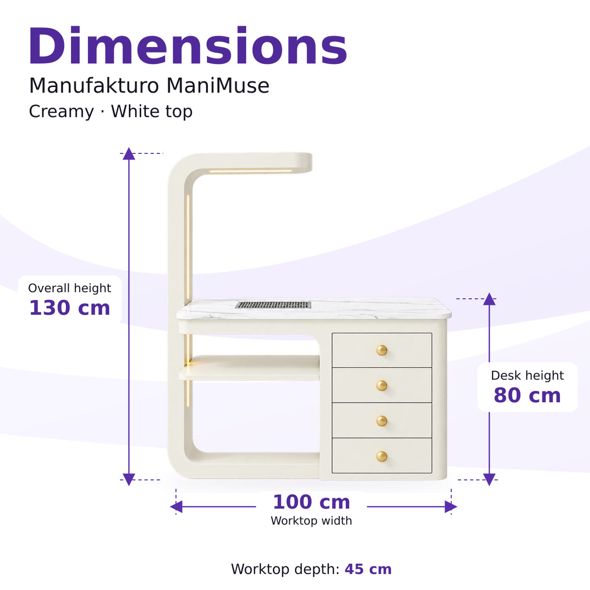Manufakturo ManiMuse Creamy manicure desk dimensions: 100 by 45 cm worktop, 80 cm desk height and 130 cm overall height including the light stand.