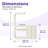 Manufakturo ManiMuse Creamy manicure desk dimensions: 100 by 45 cm worktop, 80 cm desk height and 130 cm overall height including the light stand.