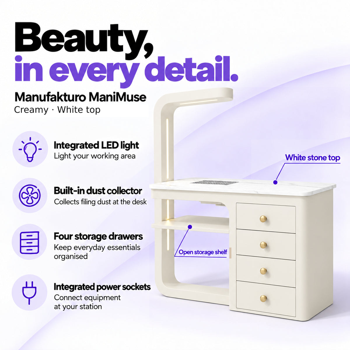 Manufakturo ManiMuse Creamy manicure desk with integrated LED light, built-in dust collector, four storage drawers and power sockets.