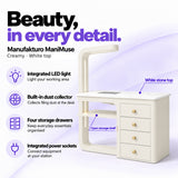 Manufakturo ManiMuse Creamy manicure desk with integrated LED light, built-in dust collector, four storage drawers and power sockets.