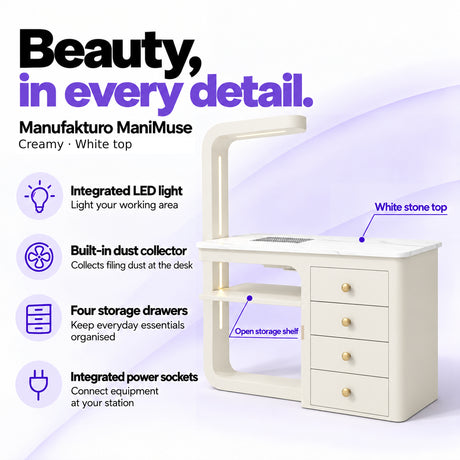 Manufakturo ManiMuse Creamy manicure desk with integrated LED light, built-in dust collector, four storage drawers and power sockets.