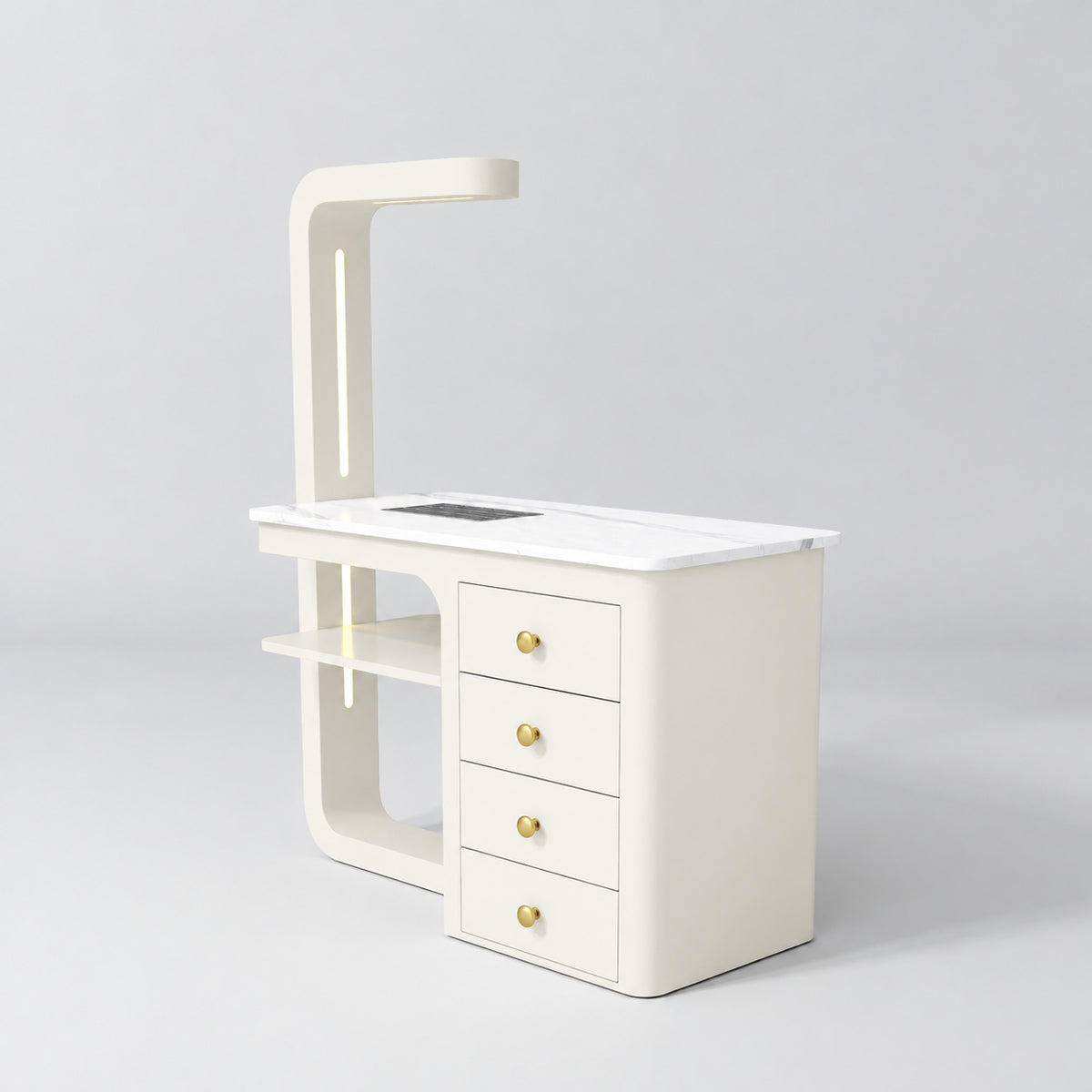 Three-quarter view of the Manufakturo ManiMuse Creamy manicure desk with a white stone top, dust collector and four drawers.