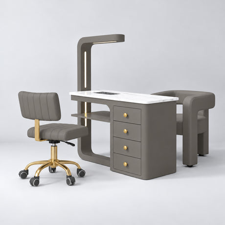 Manufakturo ManiMuse Deep Ash Manicure Set with Essence & Client Chair, showing the complete coordinated three-piece furniture set on a grey studio background.