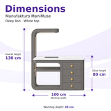Manufakturo ManiMuse Deep Ash manicure desk dimensions: 100 by 45 cm worktop, 80 cm desk height and 130 cm overall height including the light stand.