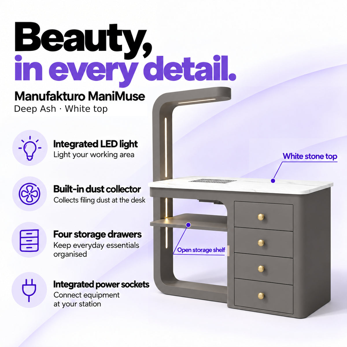 Manufakturo ManiMuse Deep Ash manicure desk with integrated LED light, built-in dust collector, four storage drawers and power sockets.