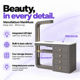 Manufakturo ManiMuse Deep Ash manicure desk with integrated LED light, built-in dust collector, four storage drawers and power sockets.