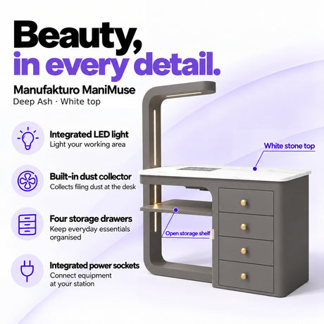 Manufakturo ManiMuse Deep Ash manicure desk with integrated LED light, built-in dust collector, four storage drawers and power sockets.