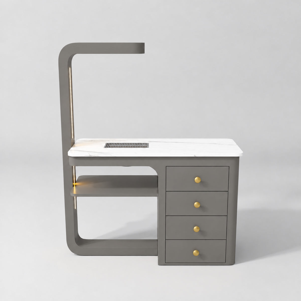 Front view of the Manufakturo ManiMuse Deep Ash manicure desk with a white stone top and integrated LED light.