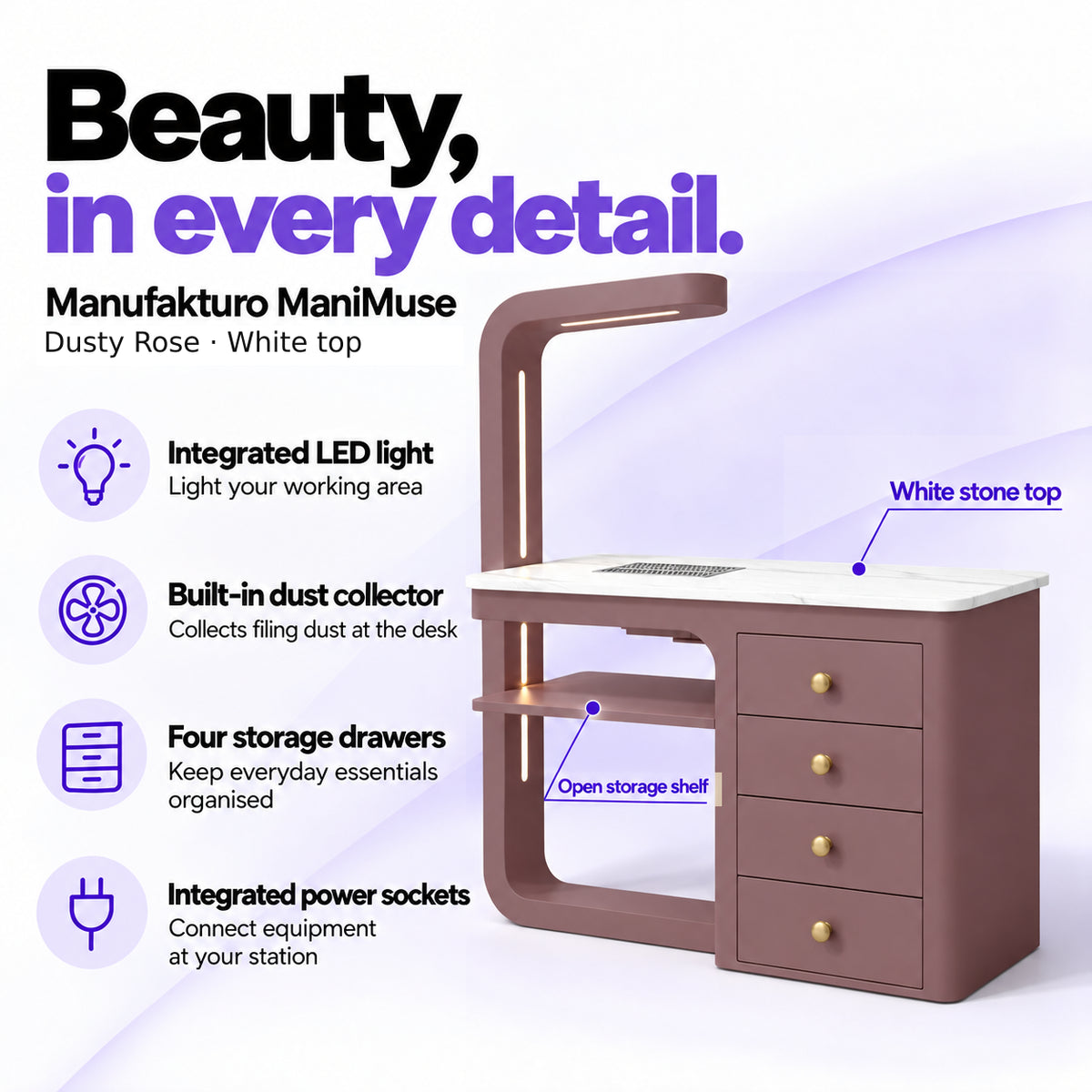 Manufakturo ManiMuse Dusty Rose manicure desk with integrated LED light, built-in dust collector, four storage drawers and power sockets.