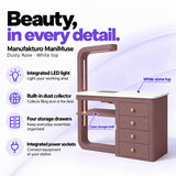 Manufakturo ManiMuse Dusty Rose manicure desk with integrated LED light, built-in dust collector, four storage drawers and power sockets.