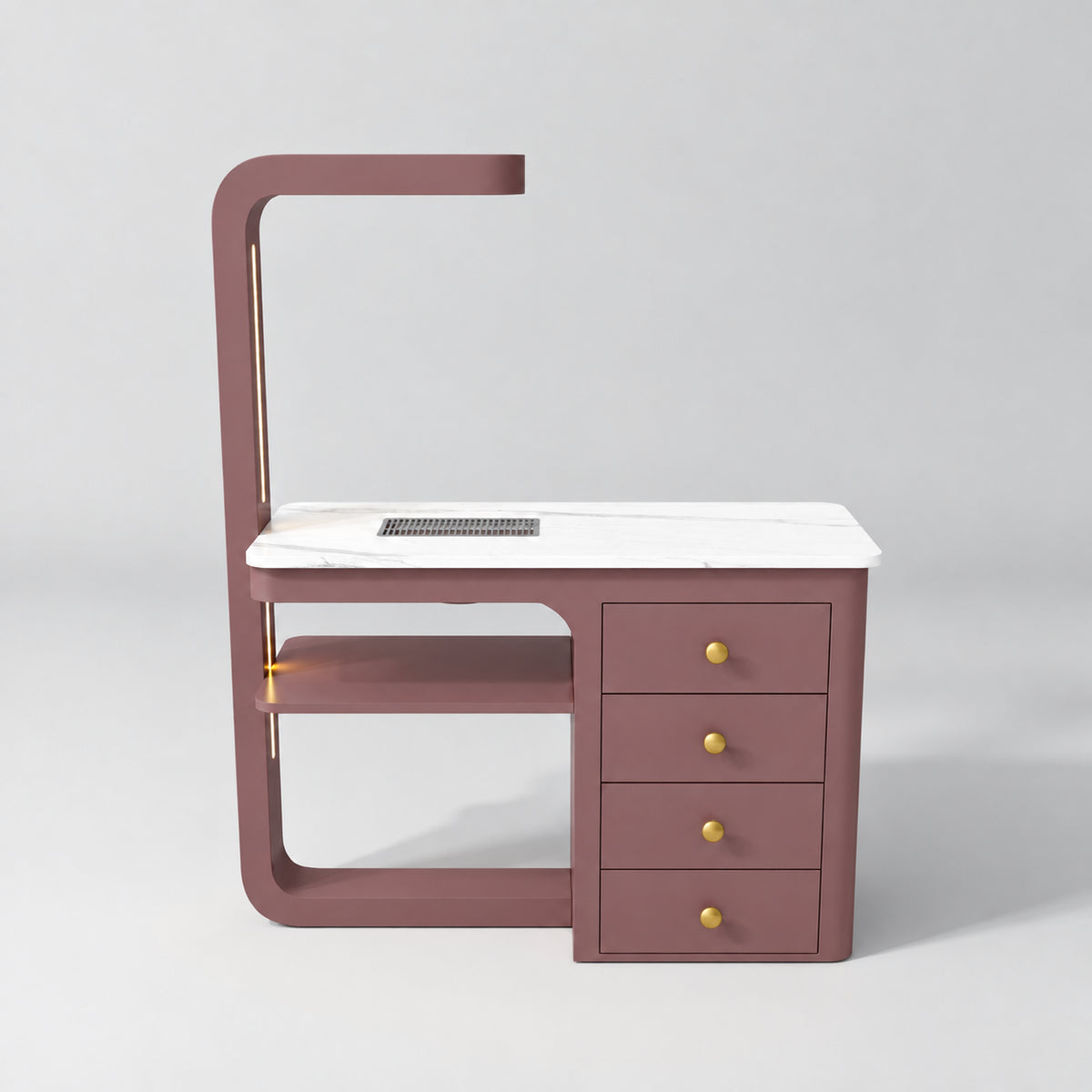 Front view of the Manufakturo ManiMuse Dusty Rose manicure desk with a white stone top and integrated LED light.