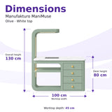 Manufakturo ManiMuse Olive manicure desk dimensions: 100 by 45 cm worktop, 80 cm desk height and 130 cm overall height including the light stand.