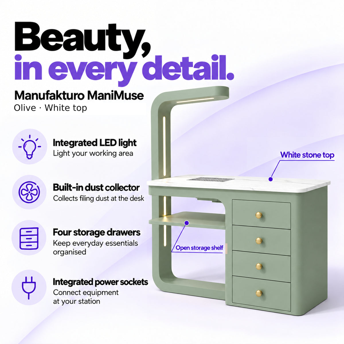Manufakturo ManiMuse Olive manicure desk with integrated LED light, built-in dust collector, four storage drawers and power sockets.