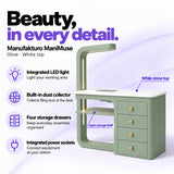 Manufakturo ManiMuse Olive manicure desk with integrated LED light, built-in dust collector, four storage drawers and power sockets.