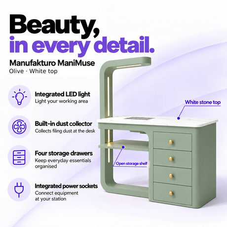Manufakturo ManiMuse Olive manicure desk with integrated LED light, built-in dust collector, four storage drawers and power sockets.