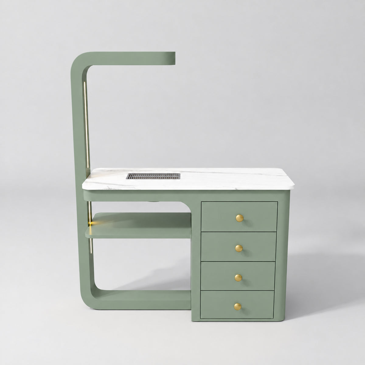 Front view of the Manufakturo ManiMuse Olive manicure desk with a white stone top and integrated LED light.