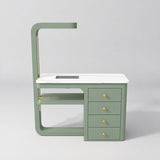 Front view of the Manufakturo ManiMuse Olive manicure desk with a white stone top and integrated LED light.