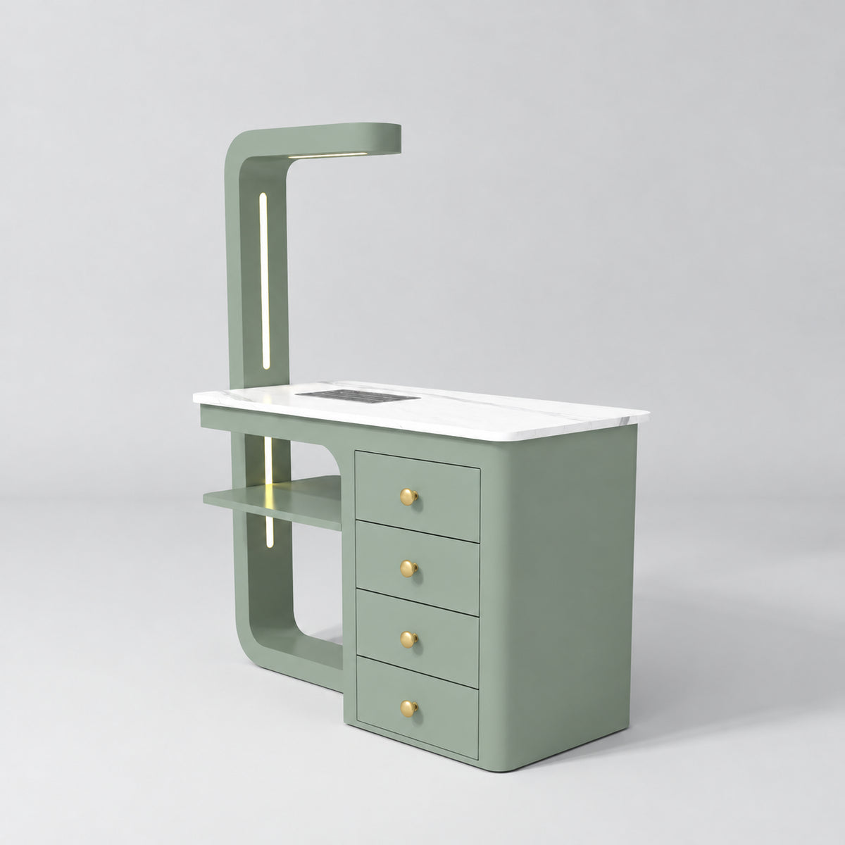 Three-quarter view of the Manufakturo ManiMuse Olive manicure desk with a white stone top, dust collector and four drawers.
