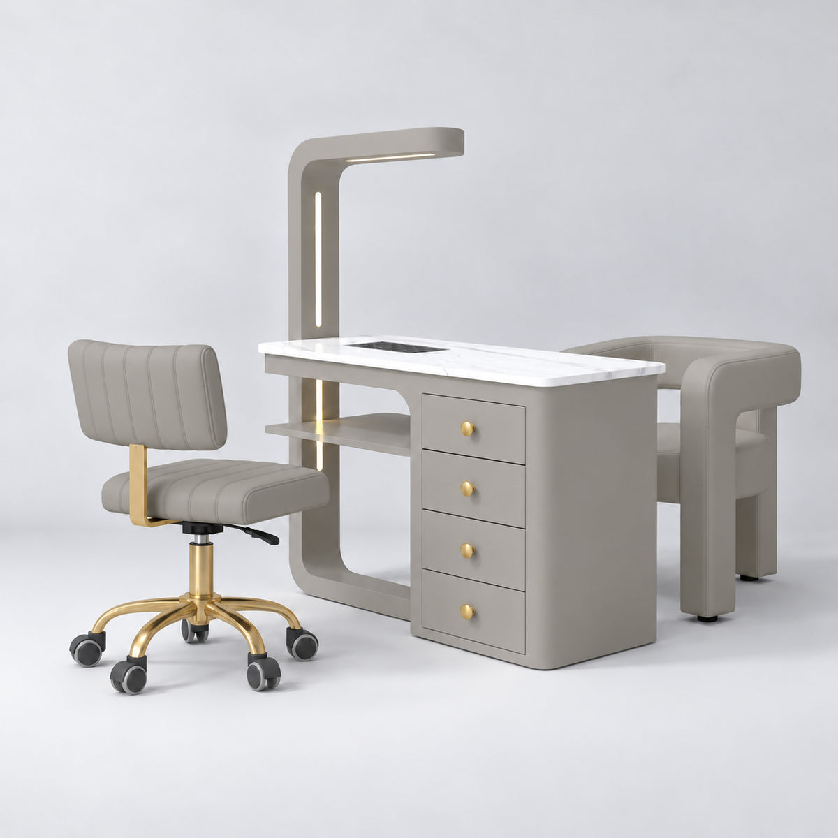 Manufakturo ManiMuse Pearl Greige Manicure Set with Essence & Client Chair, showing the complete coordinated three-piece furniture set on a grey studio background.