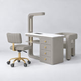Manufakturo ManiMuse Pearl Greige Manicure Set with Essence & Client Chair, showing the complete coordinated three-piece furniture set on a grey studio background.