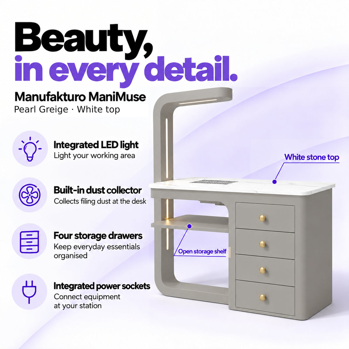 Manufakturo ManiMuse Pearl Greige manicure desk with integrated LED light, built-in dust collector, four storage drawers and power sockets.