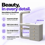 Manufakturo ManiMuse Pearl Greige manicure desk with integrated LED light, built-in dust collector, four storage drawers and power sockets.