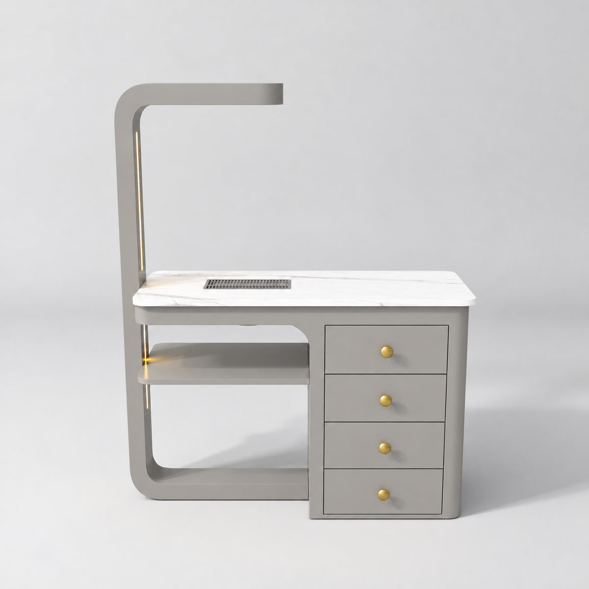 Front view of the Manufakturo ManiMuse Pearl Greige manicure desk with a white stone top and integrated LED light.