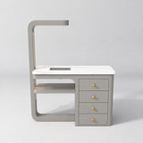 Front view of the Manufakturo ManiMuse Pearl Greige manicure desk with a white stone top and integrated LED light.