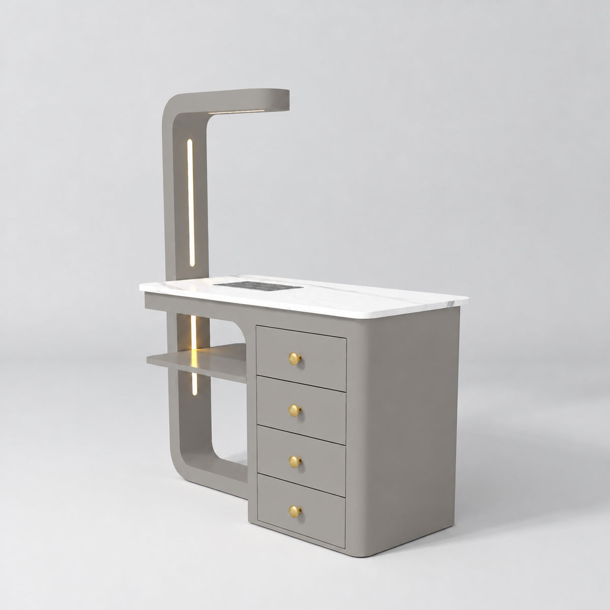 Three-quarter view of the Manufakturo ManiMuse Pearl Greige manicure desk with a white stone top, dust collector and four drawers.
