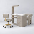 Manufakturo ManiMuse Stone Taupe Manicure Set with Essence & Client Chair, showing the complete coordinated three-piece furniture set on a grey studio background.