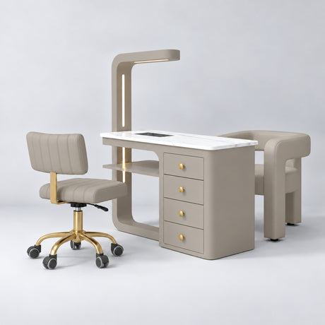Manufakturo ManiMuse Stone Taupe Manicure Set with Essence & Client Chair, showing the complete coordinated three-piece furniture set on a grey studio background.