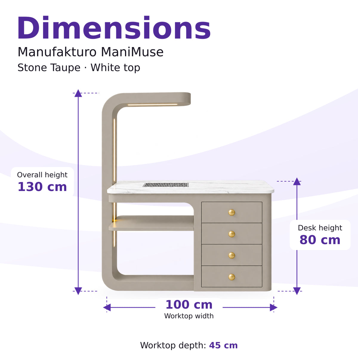 Manufakturo ManiMuse Stone Taupe manicure desk dimensions: 100 by 45 cm worktop, 80 cm desk height and 130 cm overall height including the light stand.