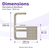 Manufakturo ManiMuse Stone Taupe manicure desk dimensions: 100 by 45 cm worktop, 80 cm desk height and 130 cm overall height including the light stand.