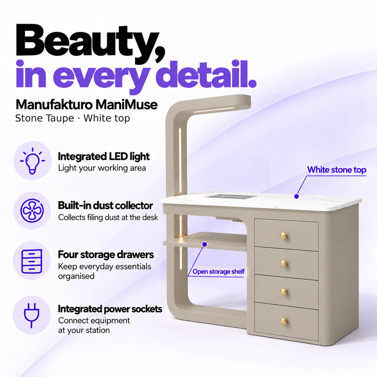 Manufakturo ManiMuse Stone Taupe manicure desk with integrated LED light, built-in dust collector, four storage drawers and power sockets.