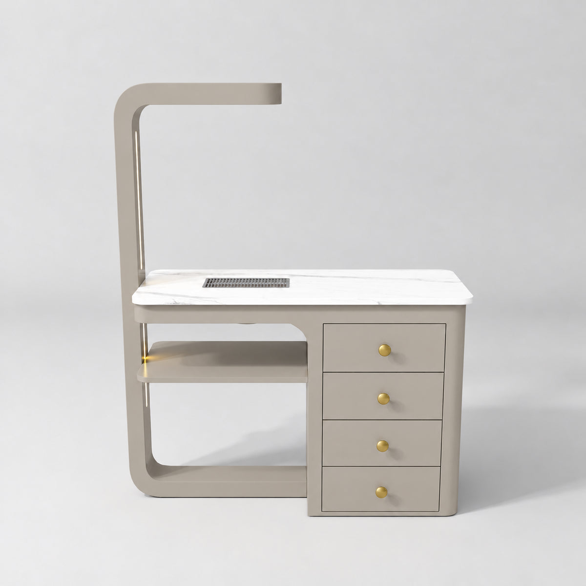 Front view of the Manufakturo ManiMuse Stone Taupe manicure desk with a white stone top and integrated LED light.
