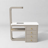 Front view of the Manufakturo ManiMuse Stone Taupe manicure desk with a white stone top and integrated LED light.