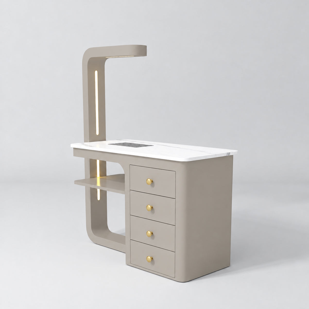 Three-quarter view of the Manufakturo ManiMuse Stone Taupe manicure desk with a white stone top, dust collector and four drawers.