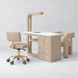 Manufakturo ManiMuse Warm Beige three-piece manicure set with white-top desk and integrated LED light, Essence rolling technician chair and padded client chair.