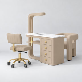Manufakturo ManiMuse Warm Beige three-piece manicure set with white-top desk and integrated LED light, Essence rolling technician chair and padded client chair.