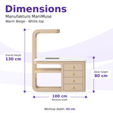 Manufakturo ManiMuse Warm Beige manicure desk dimensions: 100 by 45 cm worktop, 80 cm desk height and 130 cm overall height including the light stand.