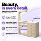 Manufakturo ManiMuse Warm Beige manicure desk with integrated LED light, built-in dust collector, four storage drawers and power sockets.