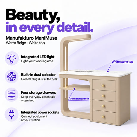 Manufakturo ManiMuse Warm Beige manicure desk with integrated LED light, built-in dust collector, four storage drawers and power sockets.