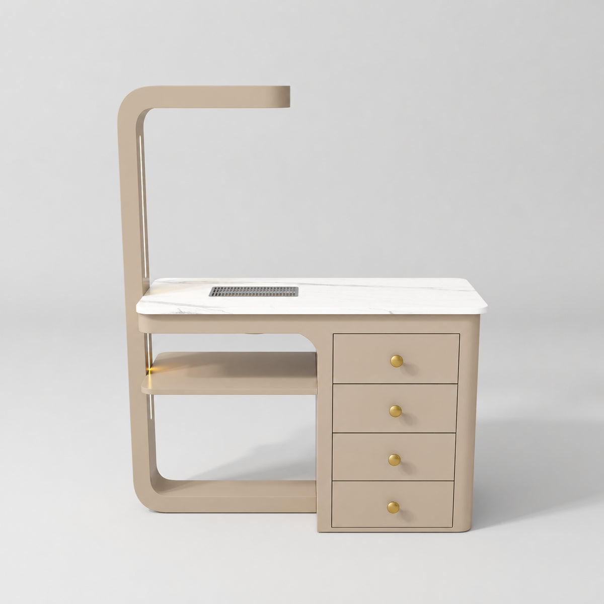 Front view of the Manufakturo ManiMuse Warm Beige manicure desk with a white stone top and integrated LED light.