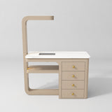 Front view of the Manufakturo ManiMuse Warm Beige manicure desk with a white stone top and integrated LED light.