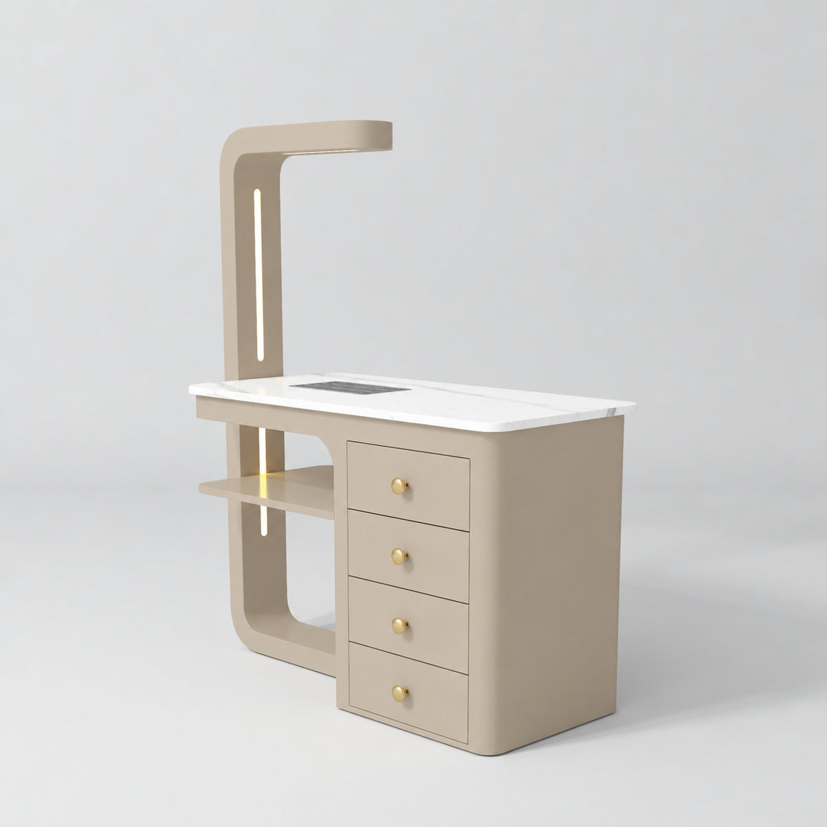 Three-quarter view of the Manufakturo ManiMuse Warm Beige manicure desk with a white stone top, dust collector and four drawers.