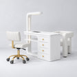 Manufakturo ManiMuse White Manicure Set with Essence & Client Chair, showing the complete coordinated three-piece furniture set on a grey studio background.