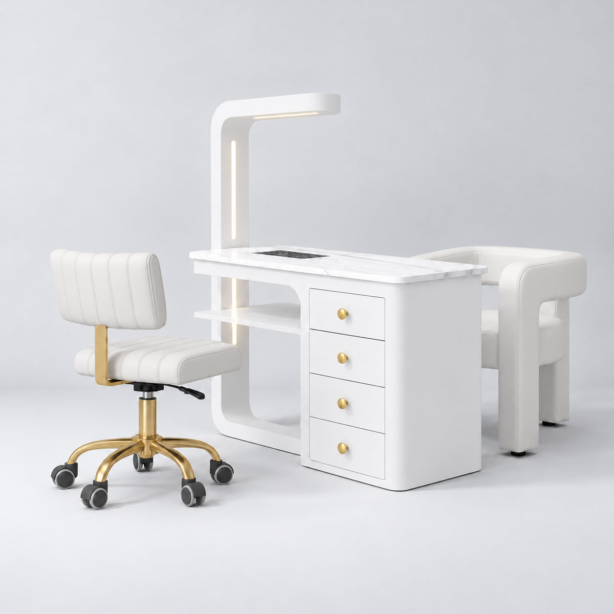 Manufakturo ManiMuse White Manicure Set with Essence & Client Chair, showing the complete coordinated three-piece furniture set on a grey studio background.